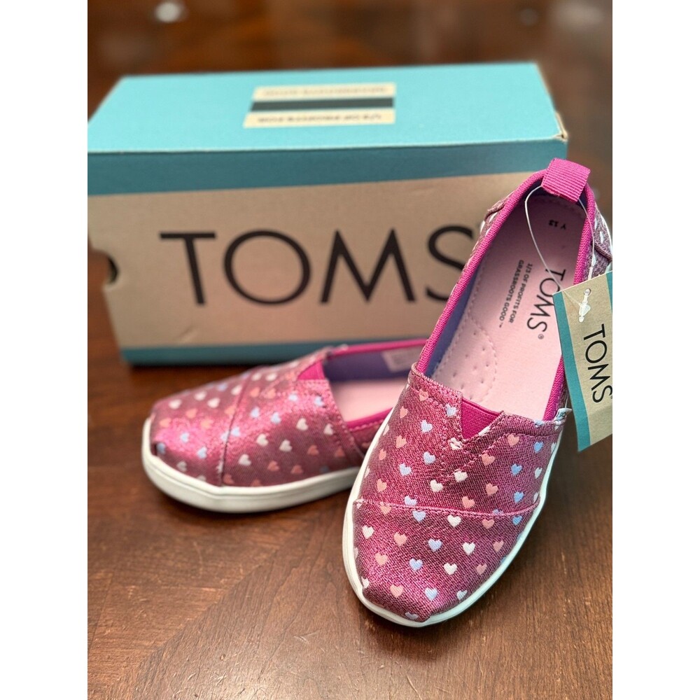 Toms Little Girls Alpargata Shoes Size 13 Pink Heart Print Slip on Lightweight